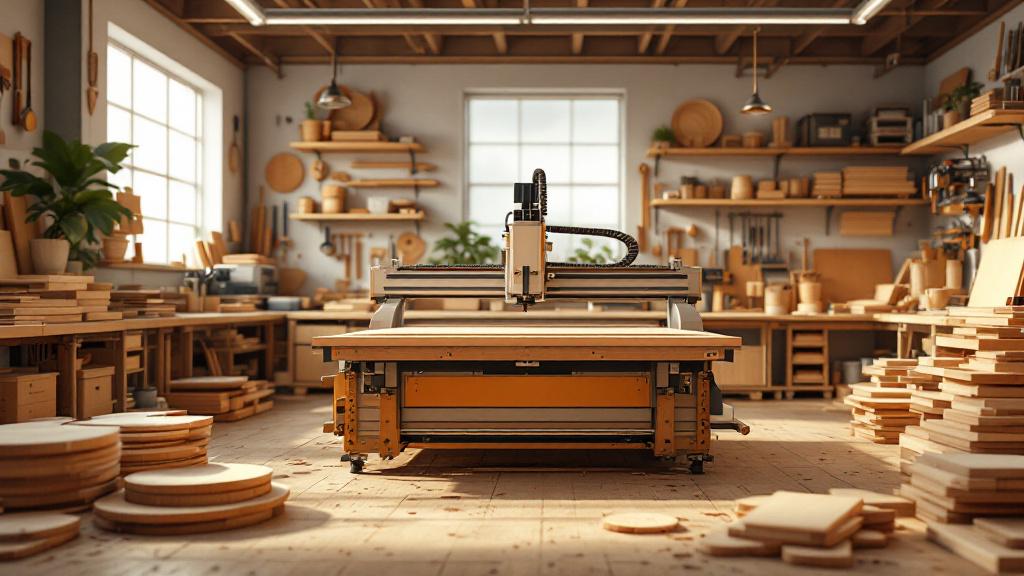 woodworking shop Centered is a workstation with plywood being cut by a high-tech CNC router machine Piles of cut wood pieces are seen around, and the walls are lined with shelves